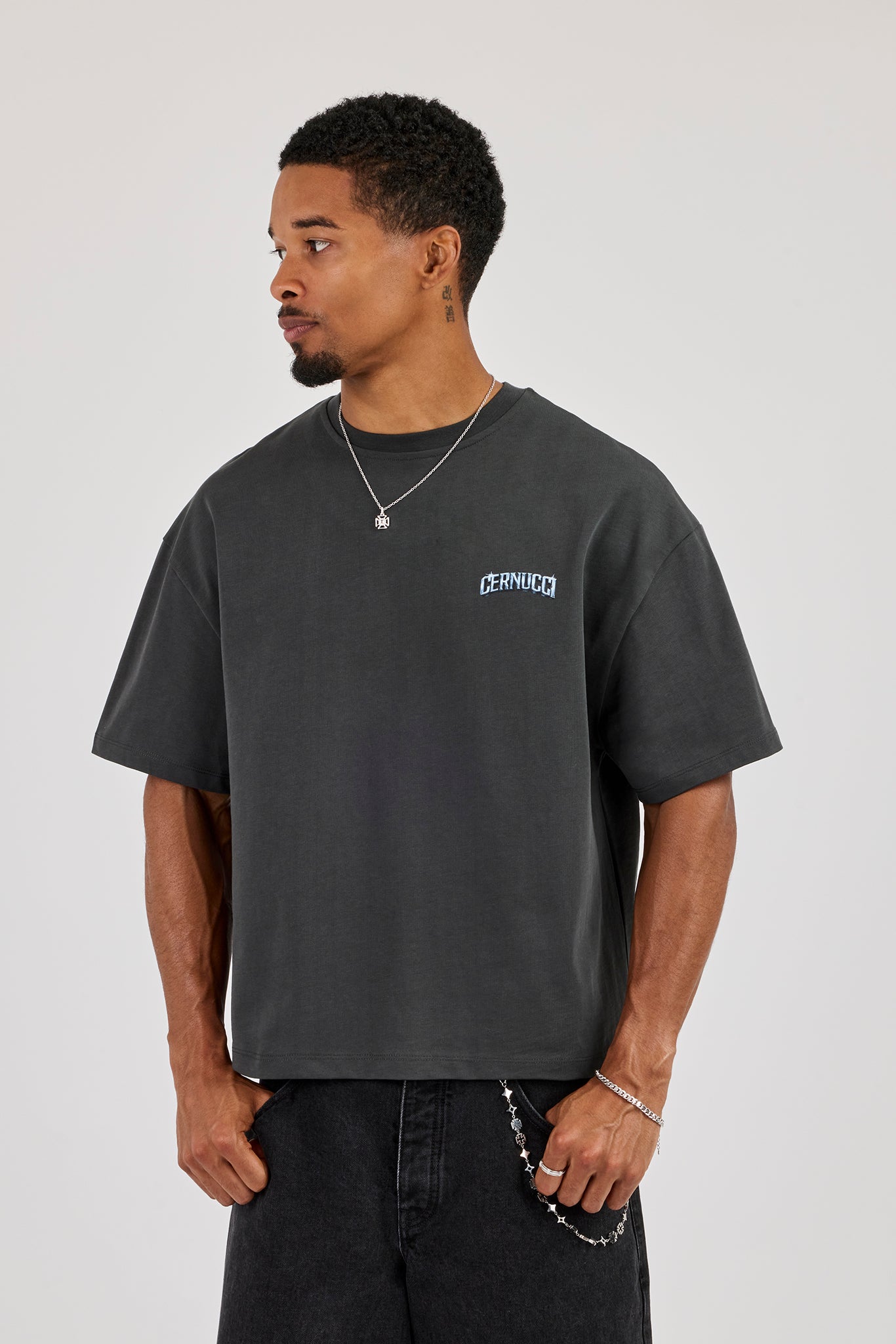 Cherub Back Print Boxy T-Shirt - Charcoal